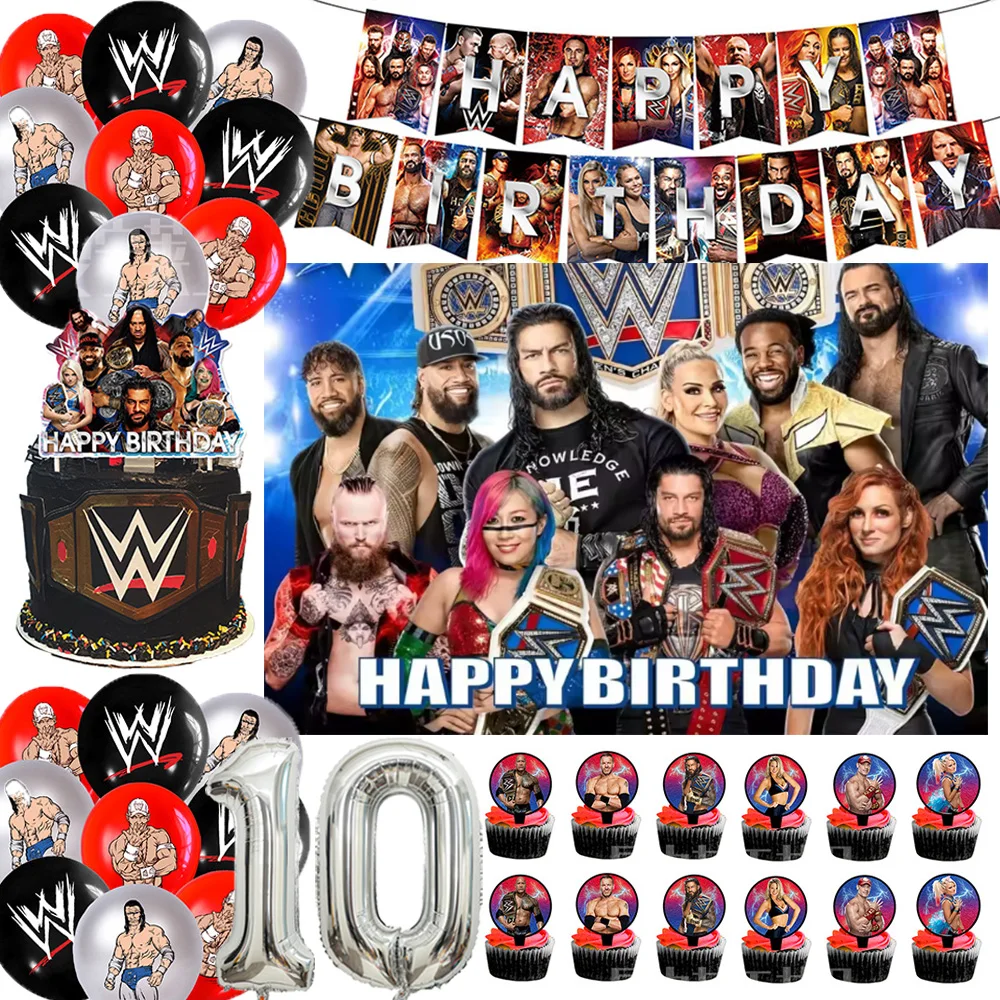 

W&Wrestling Triathlon Boy Birthday Party Decorations Wrestling Boxirng Match Backdrop Number Balloon Cake Topper Party Supplies