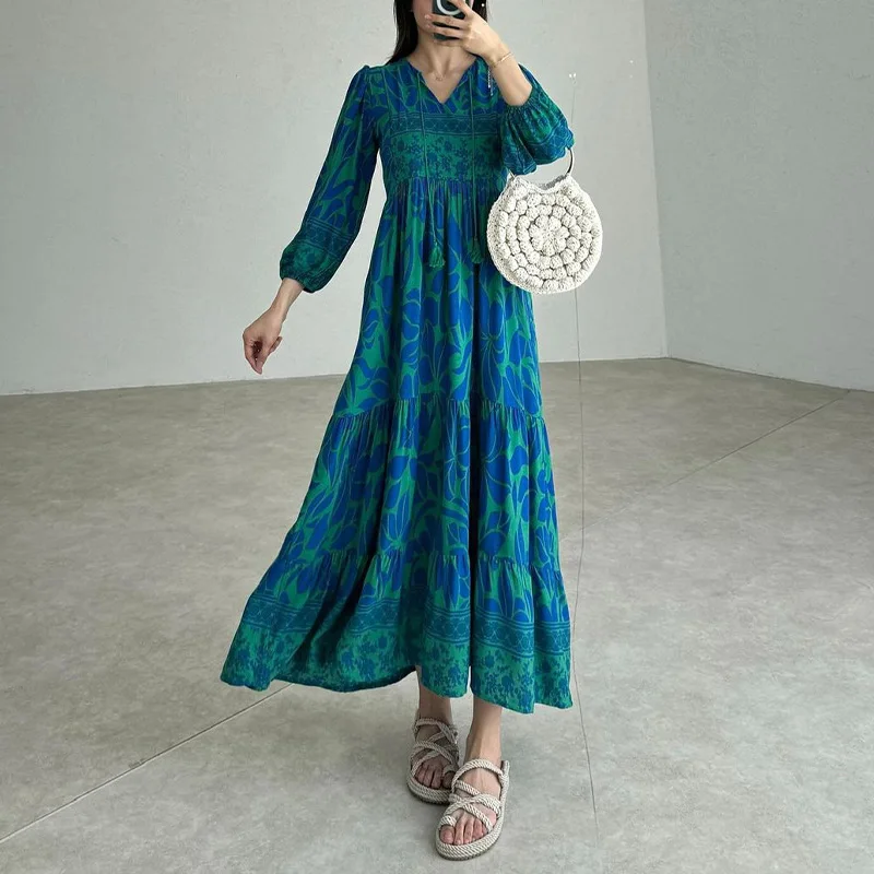 New V Neck Printed High Waisted Dress for Women Plus Size Retro Lantern Sleeve Gown Casual Loose Boho Vacation Long Dresses 2025