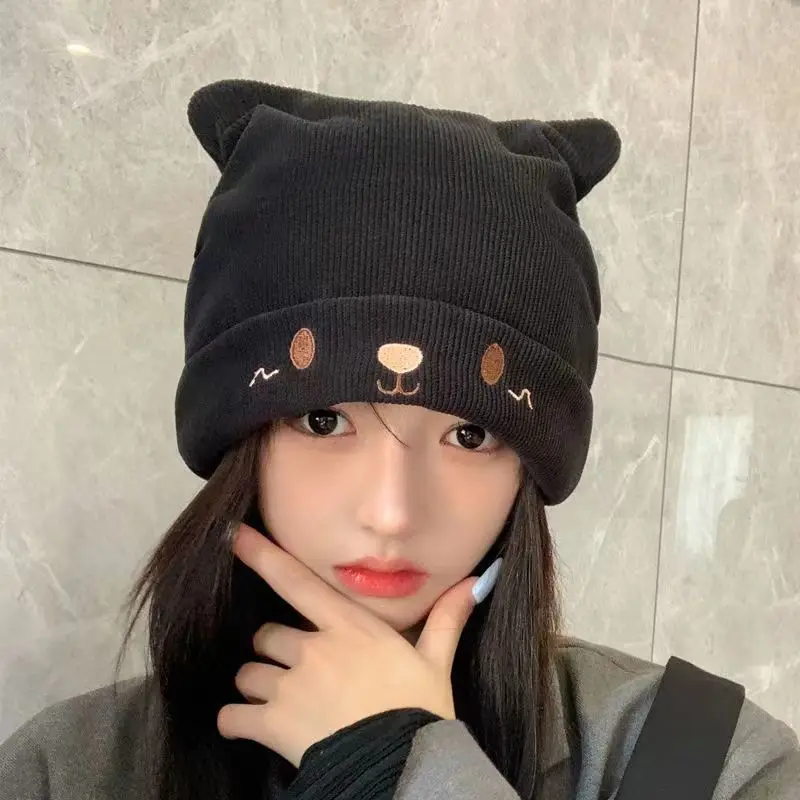 

Knitted Woolen Hat with Ear Hat Autumn Winter Warm Decoration Cute Embroidered Cat PileHat Korean Version Baotou Cold Hat