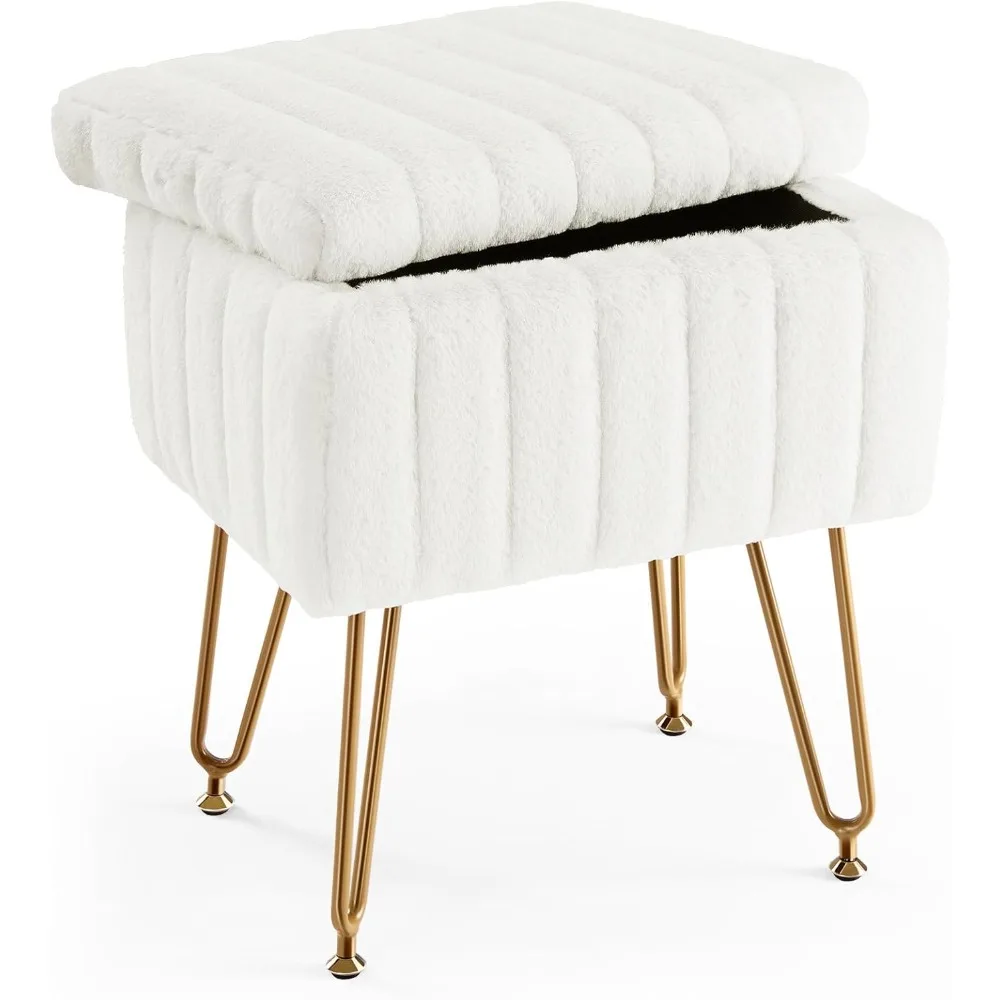 Faux Fur Vanity Stool with Storage and Ottoman, Soft Padded Makeup Seat with 4 Metal Legs and Anti-Slip Adjustment