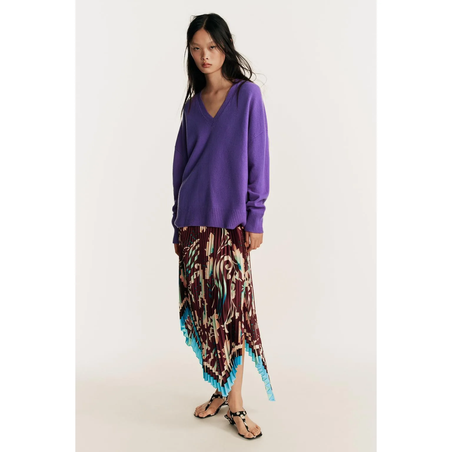 Fashionable Color Block Asymmetrical Print Skirt ZR Style Women's Polyester Midi Skirt Standard Fit Autumn Season Ladies Skirt