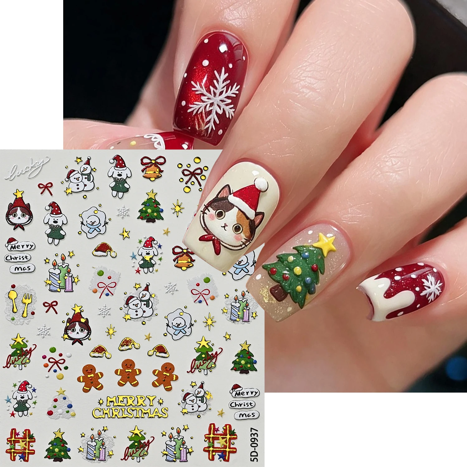 1/2Pcs Red Golden 5D Christmas Nail Stickers Cute Dog&Cat Snowflake Gingerbread Bowknot Nail Decals DIY Winter Manicure Sliders