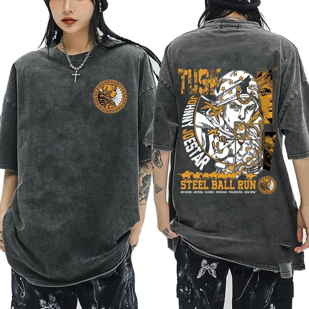 أنيمي جوجو مغامرة غريبة غسلها تي شيرت الصلب الكرة تشغيل دييغو براندو مانغا تي شيرت الرجال النساء القطن عادية المتضخم تي شيرت #2