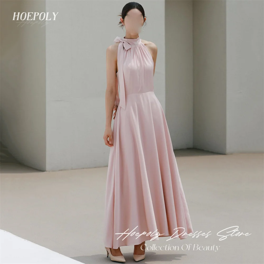 Hoepoly Classy Bow High Neck Sleeveless A Line Long Evening Dress Ankle Length Fashion Floor Length Prom Gown For Woman 프롬드레스