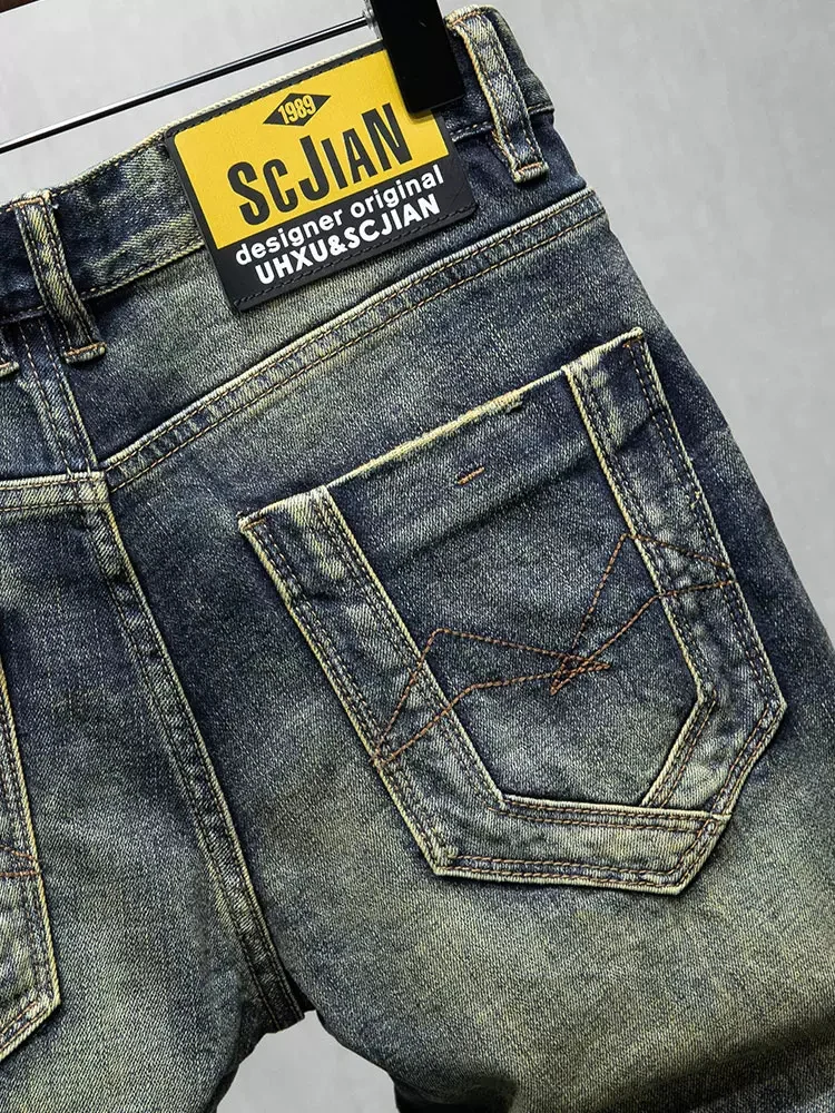 Summer Trendy Fashion Men Jeans High Quality Retro Black Elastic Ripped Short Jeans Patched Vintage Designer Denim Shorts Men