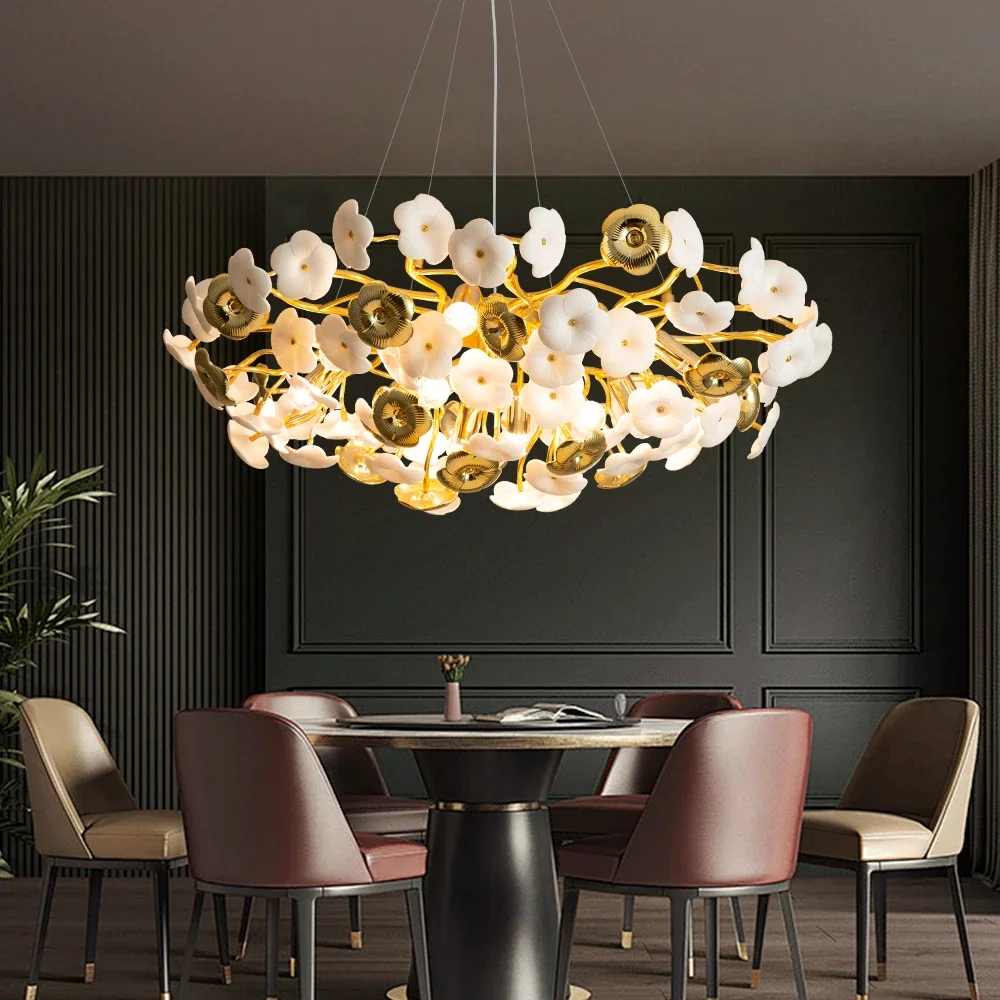 Luxury Ceramics Long Pendant Lights Living Room Ceramics Lampshade Pendant Chandeliers Room Decor Gold Led Ceiling Chandelier