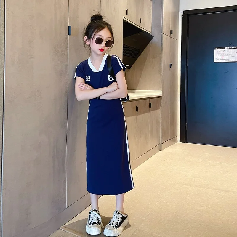 Trend Childrens Dresses Girls Dress Short Sleeve Skinny Long Dresses Side Striped Casual Dress Girls Kids Clothes One-piece 2023