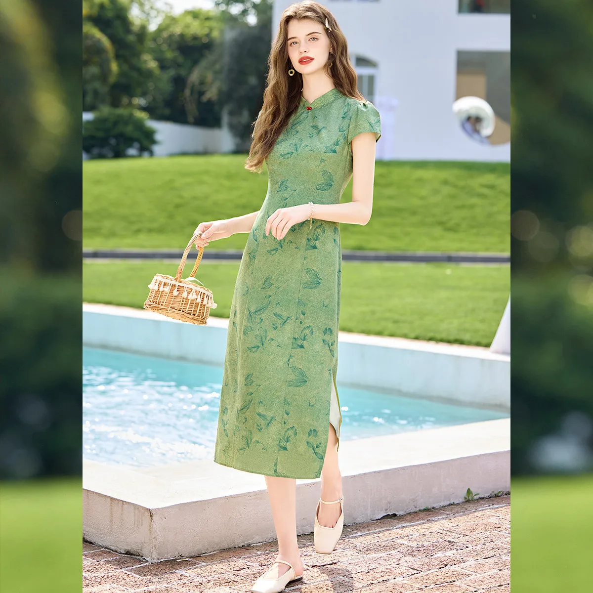 

LOUIS YAO Women's Dress 2026 Summer Cheongsam Premium Feminine Soft Stand Collar Regular Shoulder Slim Fit Maxi Dress Long Dress