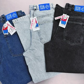 Harajuku Polar büyük Boy kot Y2K pantolon Hip Hop karikatür nakış Retro mavi Baggy kot Mens bayan yüksek bel geniş bacak pantolon