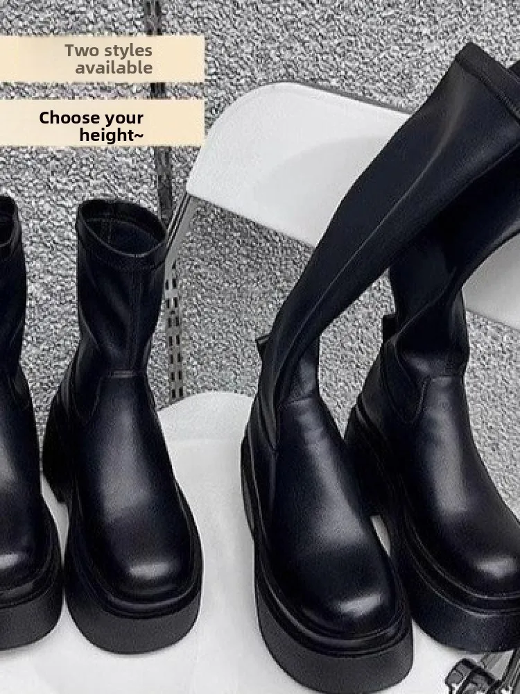 

Elastic Double Tube Booties Women's Long Boots Autumn Winter Small Size Knight Boots Slimming Thi Bot Platform High Heels
