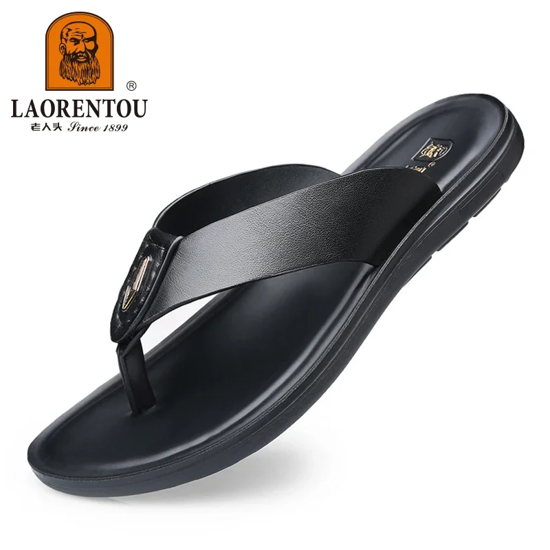 LAORENTOU slippers, men\'s genuine leather, Korean version, clip on flip flops, men\'s sandals, cowhide soft sole, anti slip