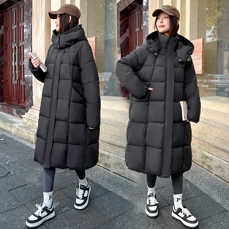 Long Parkas Coats Women Hooded Overcoat Solid Pocket Zipper Long Sleeve Loose Fit Thick Office Lady Casual 2025 Autumn Winter