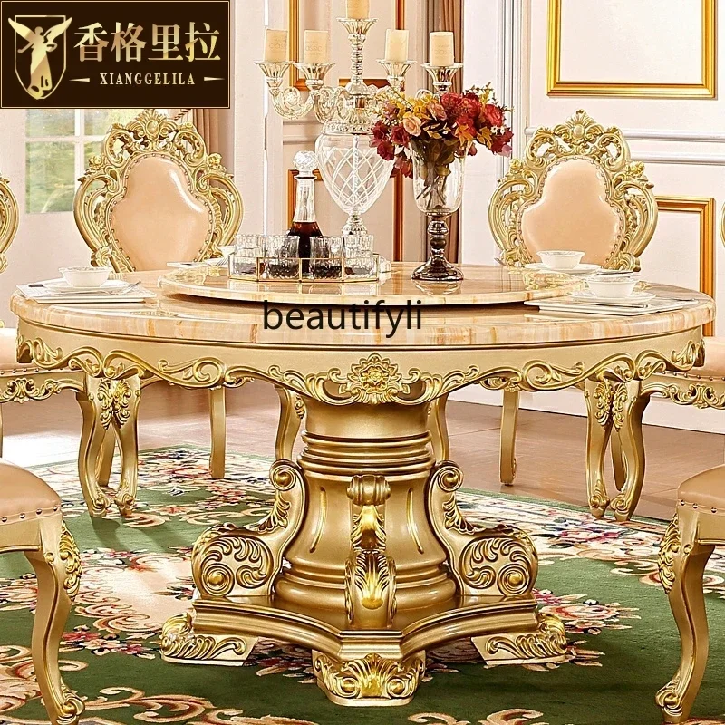 B67  European champagne gold marble round table all solid wood neoclassical solid wood American turntable dining table