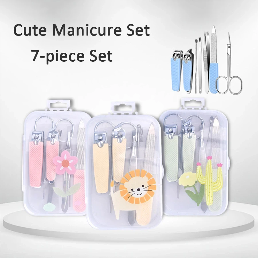مجموعة مانيكير لطيفة من الفولاذ المقاوم للصدأ للنساء والرجال ، مقصات الأظافر ، تصميم كرتون ، مانع للإنزلاق ، حافظة محمولة ، مجموعة 7
