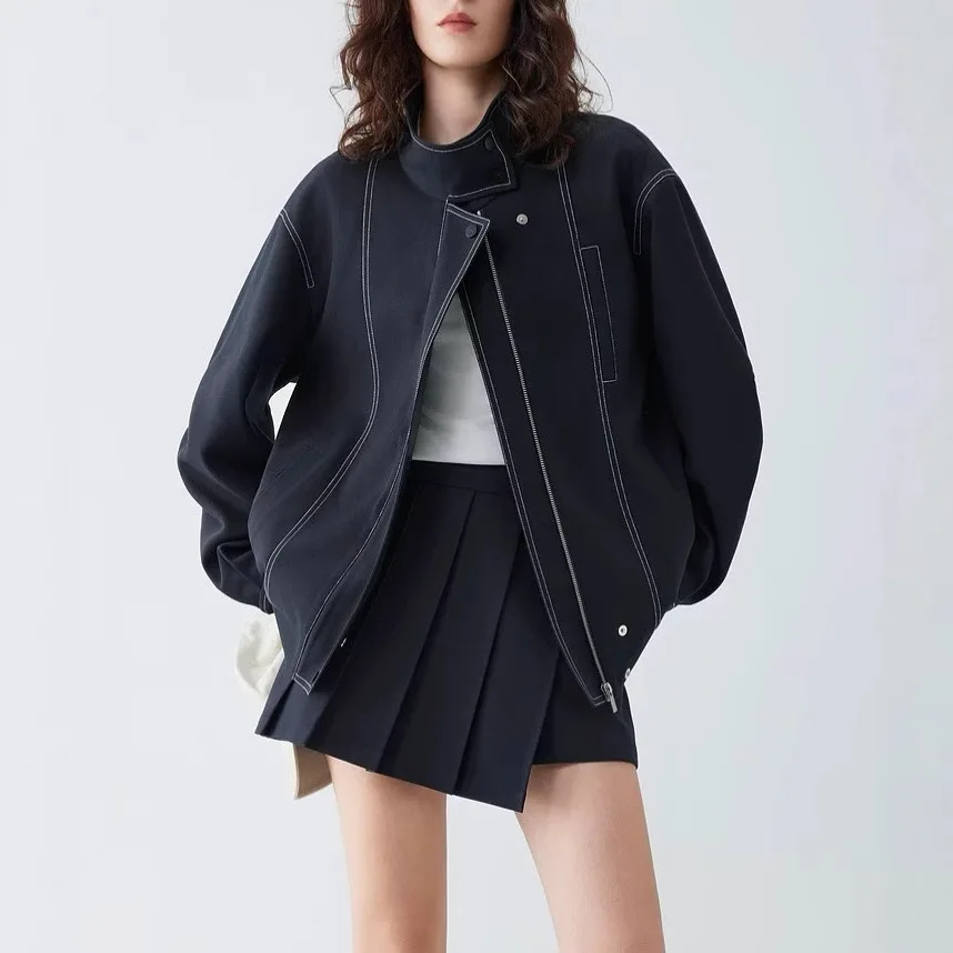 

2026 Autumn New French Style Loose Commuter Stand Collar Jacket For Women With Color Blocking