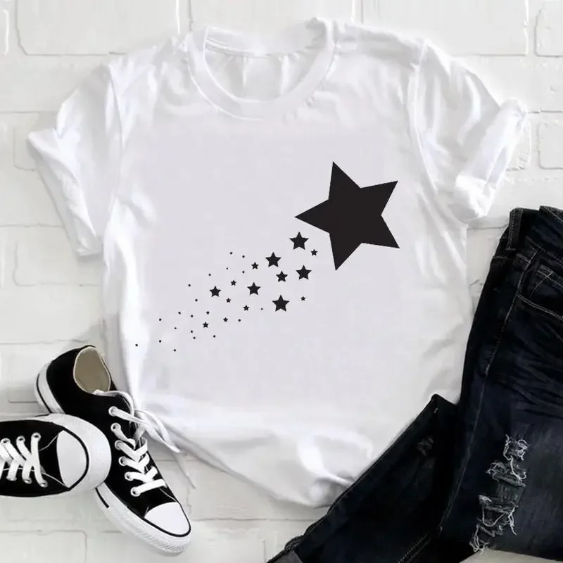 Women's Round Neck T-shirt Street Stars Five-Pointed Star Pattern Print Short-Sleeved Aesthetic Women's Summer T-shirt