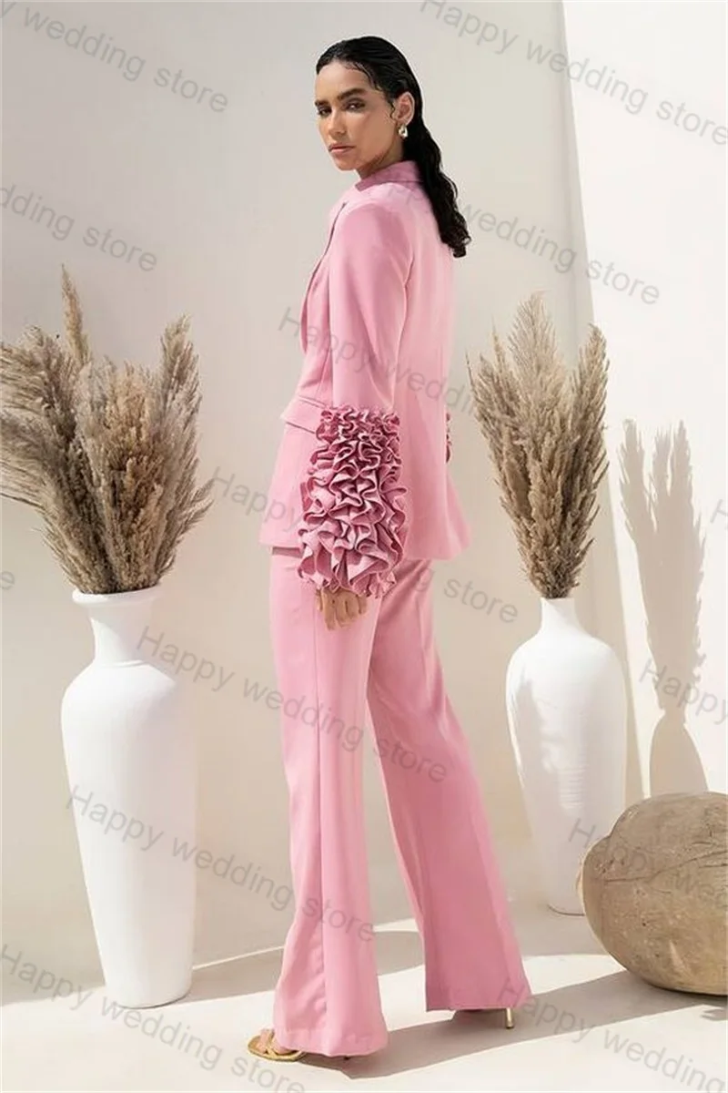 Pink Women Pants Suits Set 2 Pieces Blazer+Trousers Ruffles Sleeves Formal Pageant Wedding Tuxedos Jacket Tailored Prom Dress