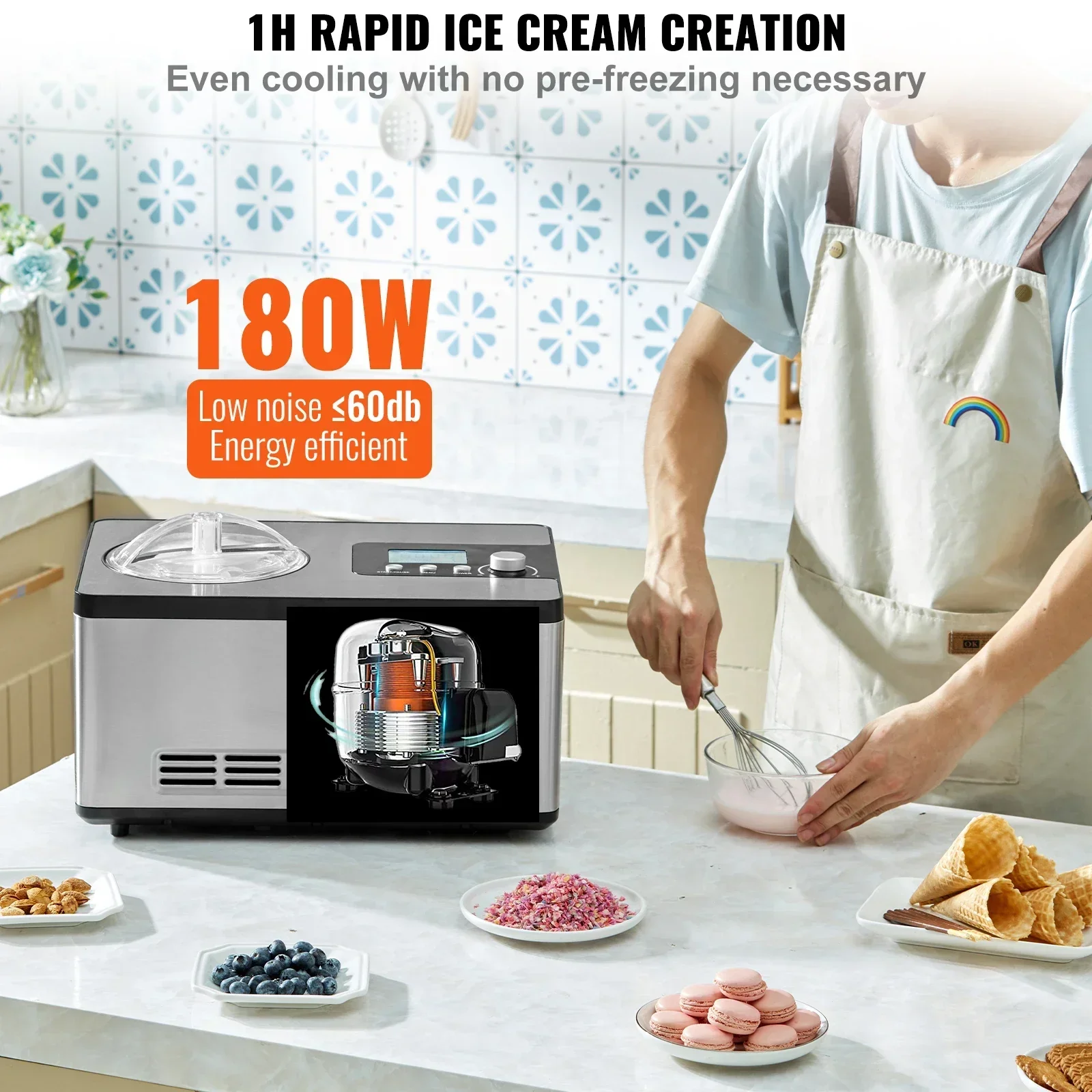 VEVOR Automatic Ice Cream Maker with Built-in Compressor 2 Quart No Pre-freezing Fruit Yogurt Machine Electric Sorbet Maker