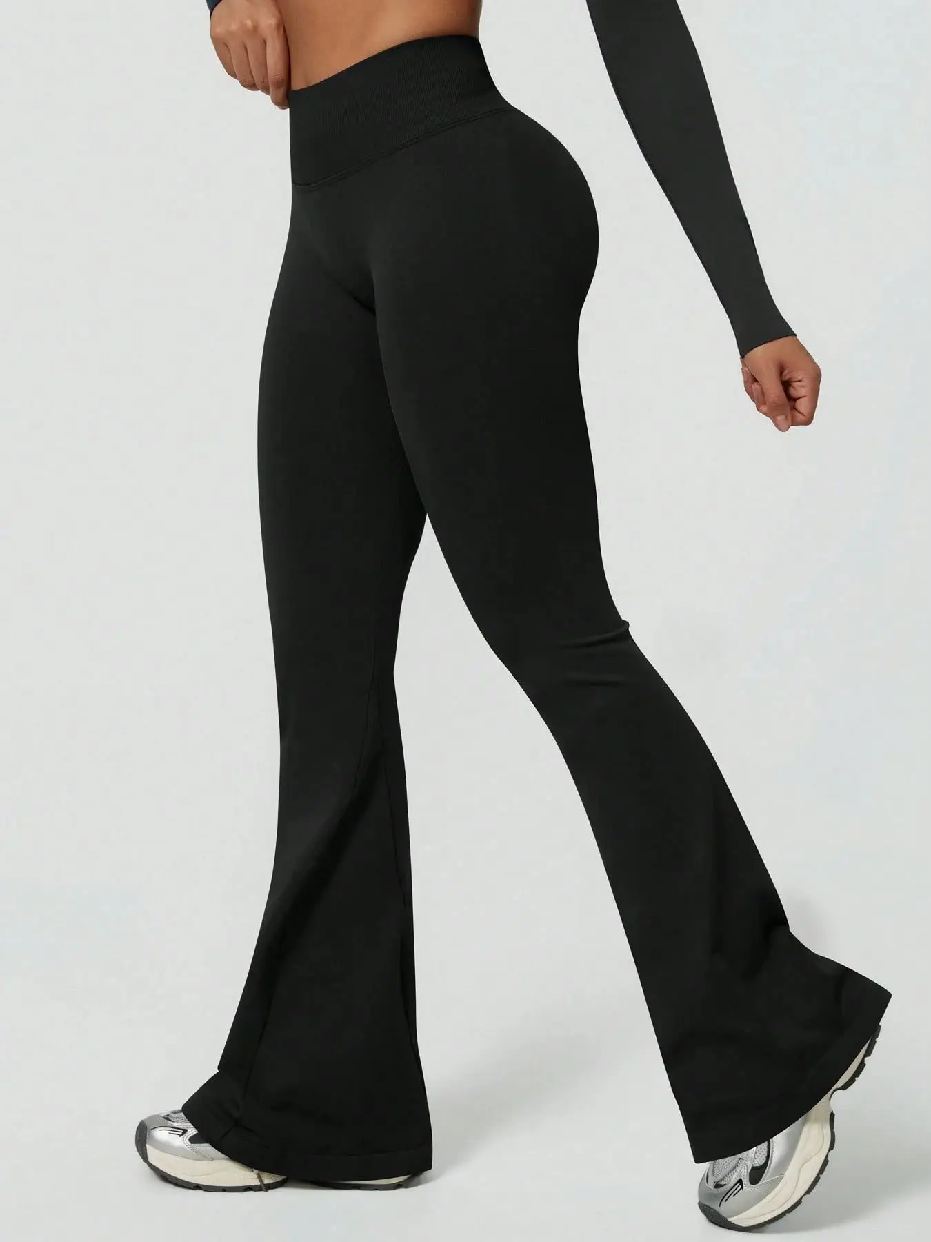 Damen High-Waist Flare Yoga-Hose, Einfarbig, Nahtlos, Breiter Bund, Weites Bein für Fitness, Laufen, Workout – Detail 2