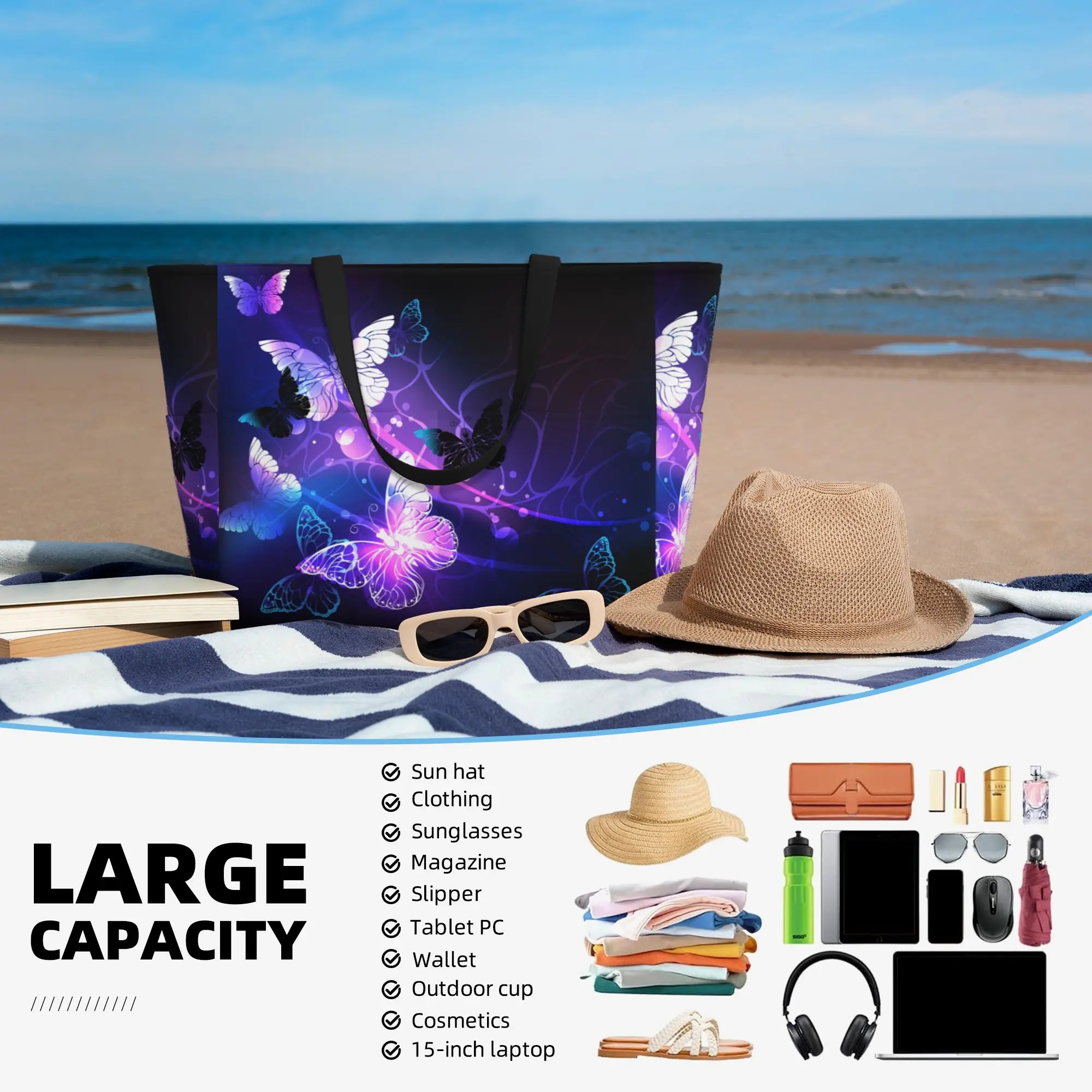 Bolsa de praia personalizada borboleta voadora para mulheres, sacola impermeável à prova de areia, bolsas de piscina com zíper, viagem, férias, academia, natação