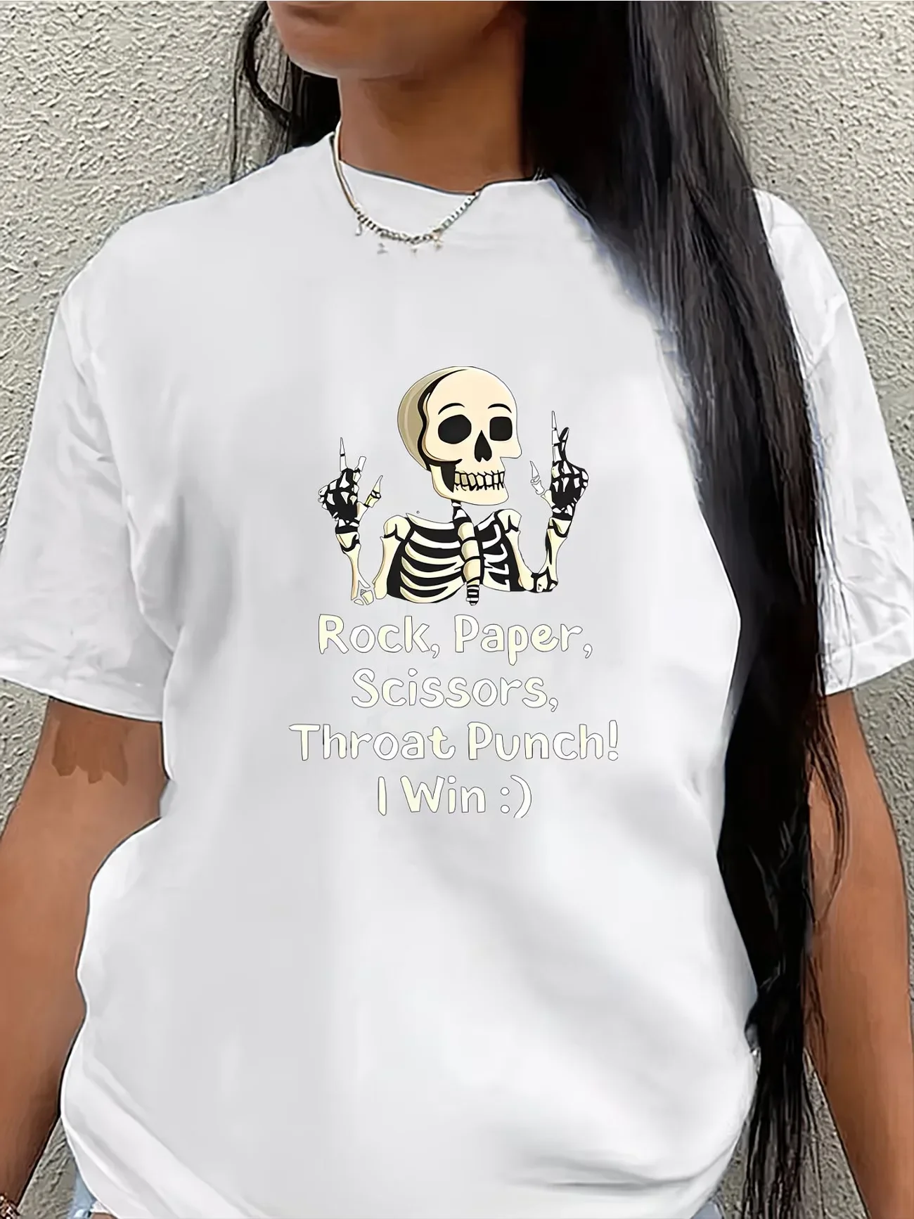 Funny Skeleton Rock Paper Scissors Throat Punch T-Shirt Women Summer Short Sleeve Graphic Tee Casual Loose Tops Streetwear Tee