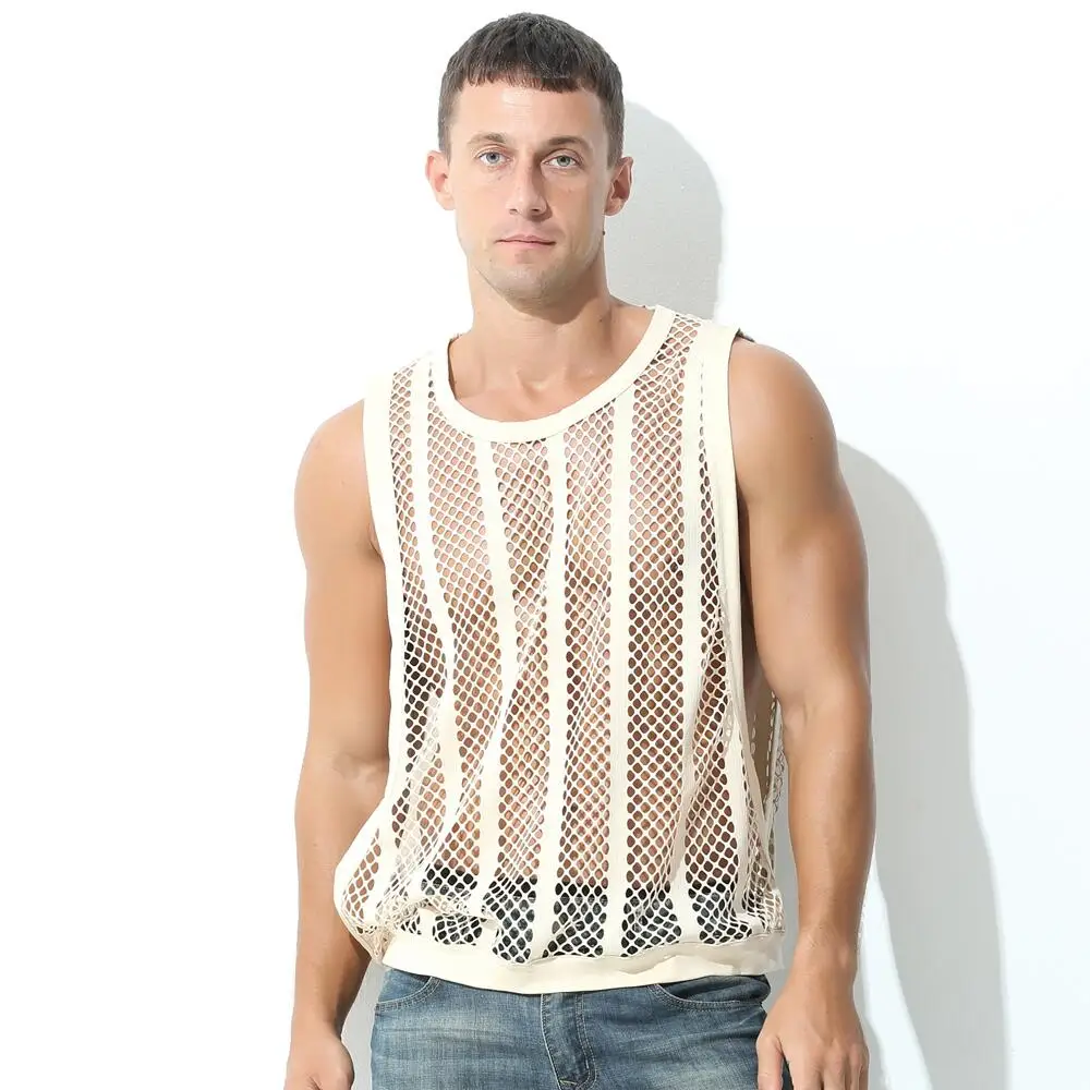 Mens Undershirts Vest Mesh See Through Underwear Sleeveless T Shirt Sexy Singlets Fitness Transparent Tank Tops Gym Clothing