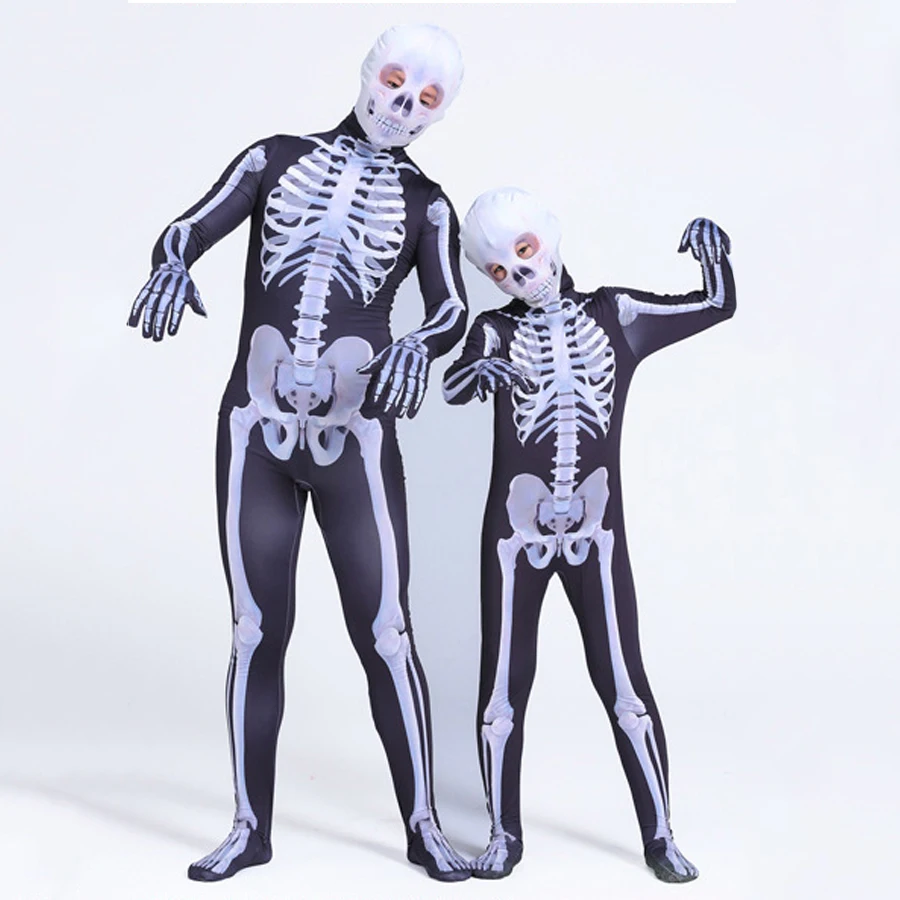 أزياء الهالوين بدلة تنكرية على شكل جمجمة شبح للأطفال والكبار بدلة هيكل عظمي مخيفة قناع الهالوين ملابس كرنفال