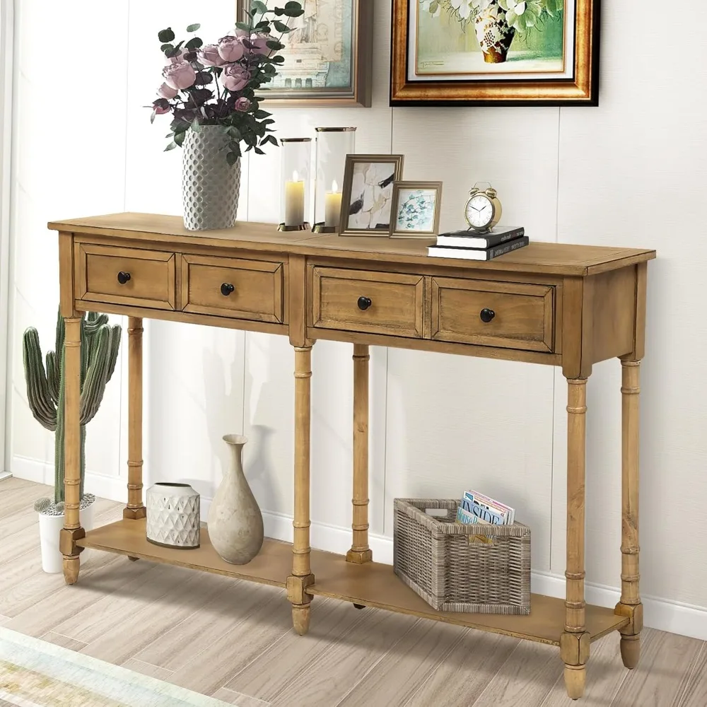 

Narrow Long Console Table with 2 Drawers, Solid Wood Sofa Table for Living Room, 2-Tier Entryway Table with Storage Shelf