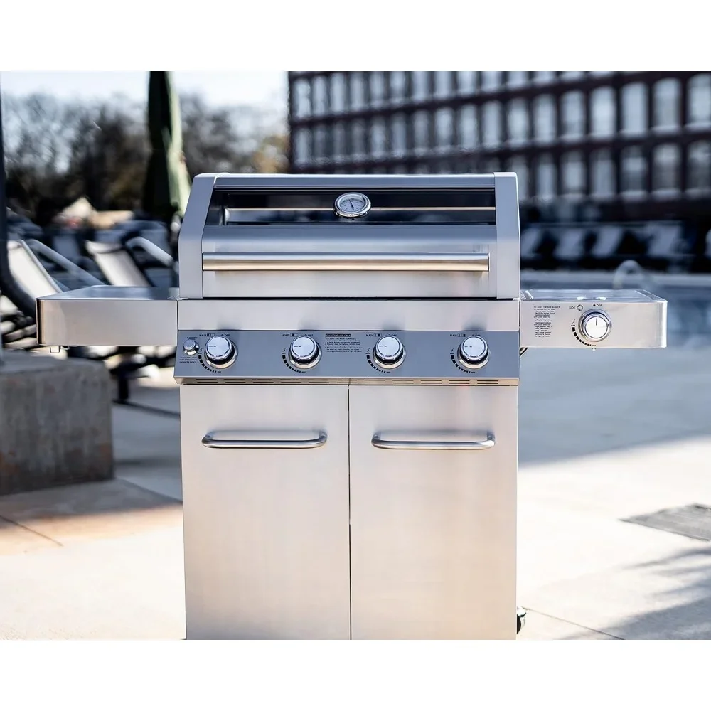 

4-Burner Natural Gas Grill, Stainless Steel Cabinet Style Propane Grills, LED Controls, Side Burner, BBQ Grills