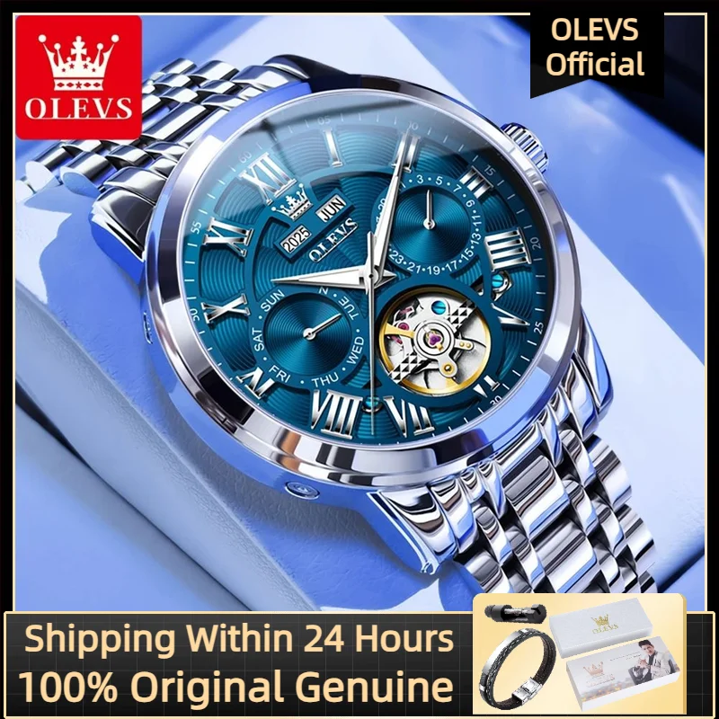 OLEVS 6668 ساعة رجالية أصلية متعددة الوظائف هيكل عظمي مقاوم للماء حزام من الفولاذ المقاوم للصدأ ساعات آلية أوتوماتيكية للأعمال