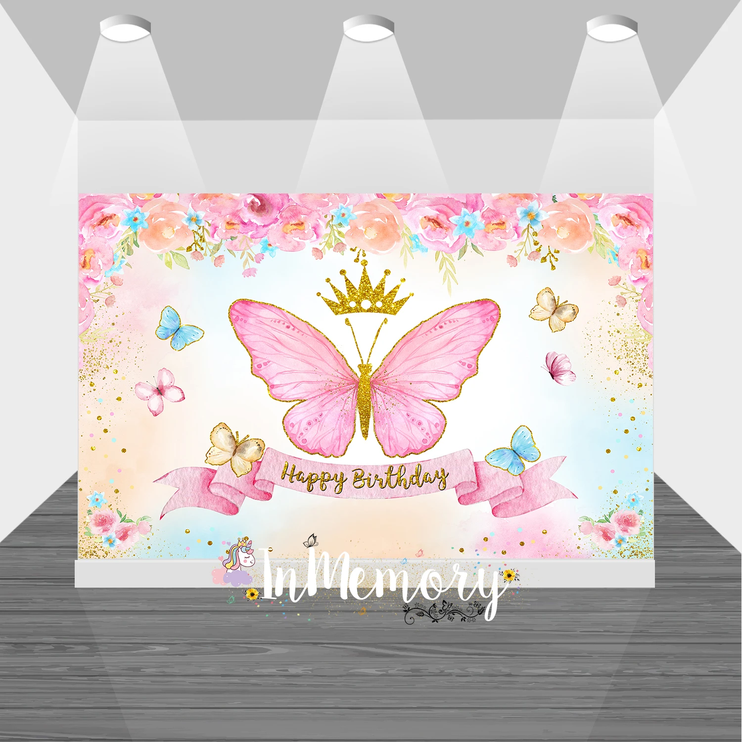 

Pink Butterfly Birthday Backdrops For Girl Party Decor Props Crown Gold Dots Baby Shower Photo Photography Background