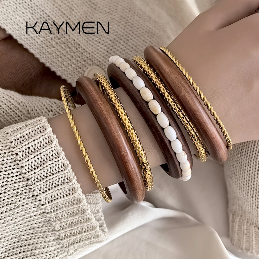 Bohemian Exaggerated Acrylic Metal Layered Bangle Set Fashion Wooden Round Closed Bracelet Women Jewelry New Trend Accessory