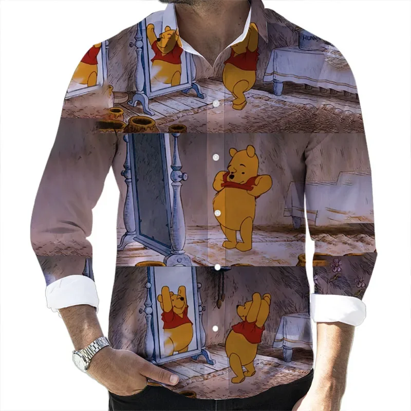 2025 Fall New Disney Cartoon Casual 3D Printed Long Sleeve Lapel Slim Fit Mickey Minnie Winnie the Pooh Brand Men's Top