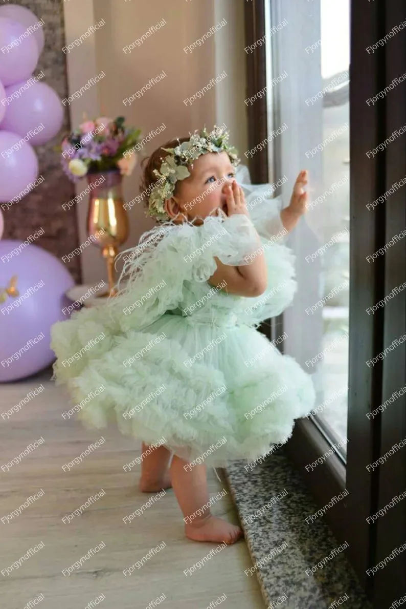 Cute Mint Green Mother And Kid Tulle Dresses For First Birthday Party Mom And Me Matching Gowns Sleeves Evening Dress Prom Gown