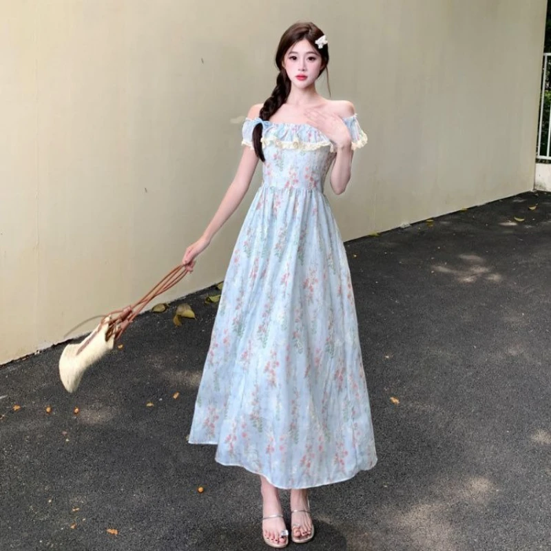 여성 프랑스어 레트로 꽃 스플 라이스 퍼프 슬리브 드레스 2025 여름 새로운 우아한 스퀘어 넥 허리 라인 긴 드레스