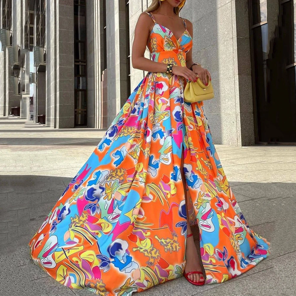 

Summer 2025 New Women's Drerss Chiffon Print Bohemian Style Host Gown V-neck Sleeveless A-line Charming Colorful Party Dress