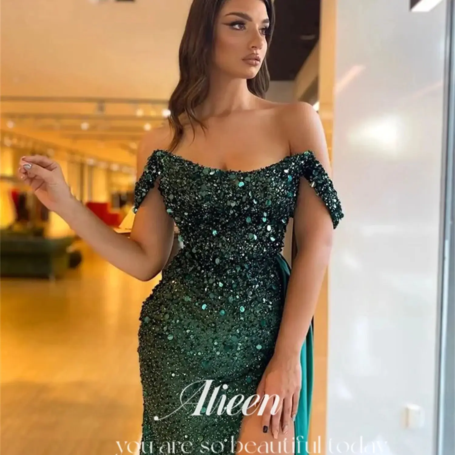 

Aileen Bead Embroidery Mermaid Shiny Green Luxurious Turkish Evening Gowns Suitable Dresses on Request Luxury Party Dress Prom