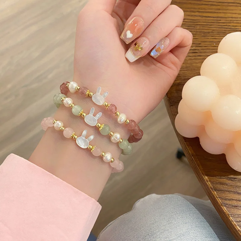 Cute Sea Shell Super Fairy Sweet Ins Mori Style 6mm Pink Crystal Rabbit Head Bracelet Female Fresh Flower Gray Jade Brace