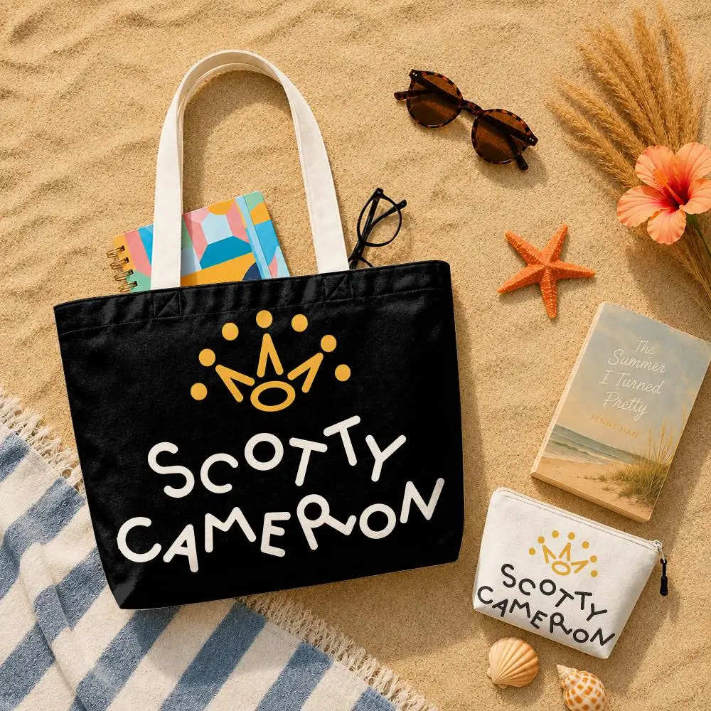 S-Scotty Cameron Vintage Storage Bags 2-Piece Set Canvas Tote Bags with Zipper Shoulder Handbags for Daily Shopping Travel