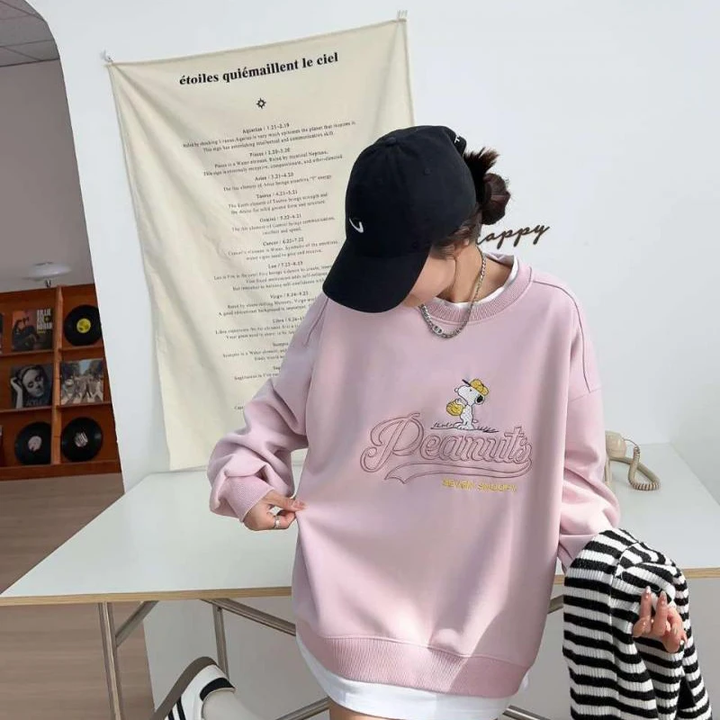 Cartoon Cute Snoopy Embroidery Fake Two Piece Set Spring Sweater New Age Reducing Sweater Round Neck Pullover Gift for Friends