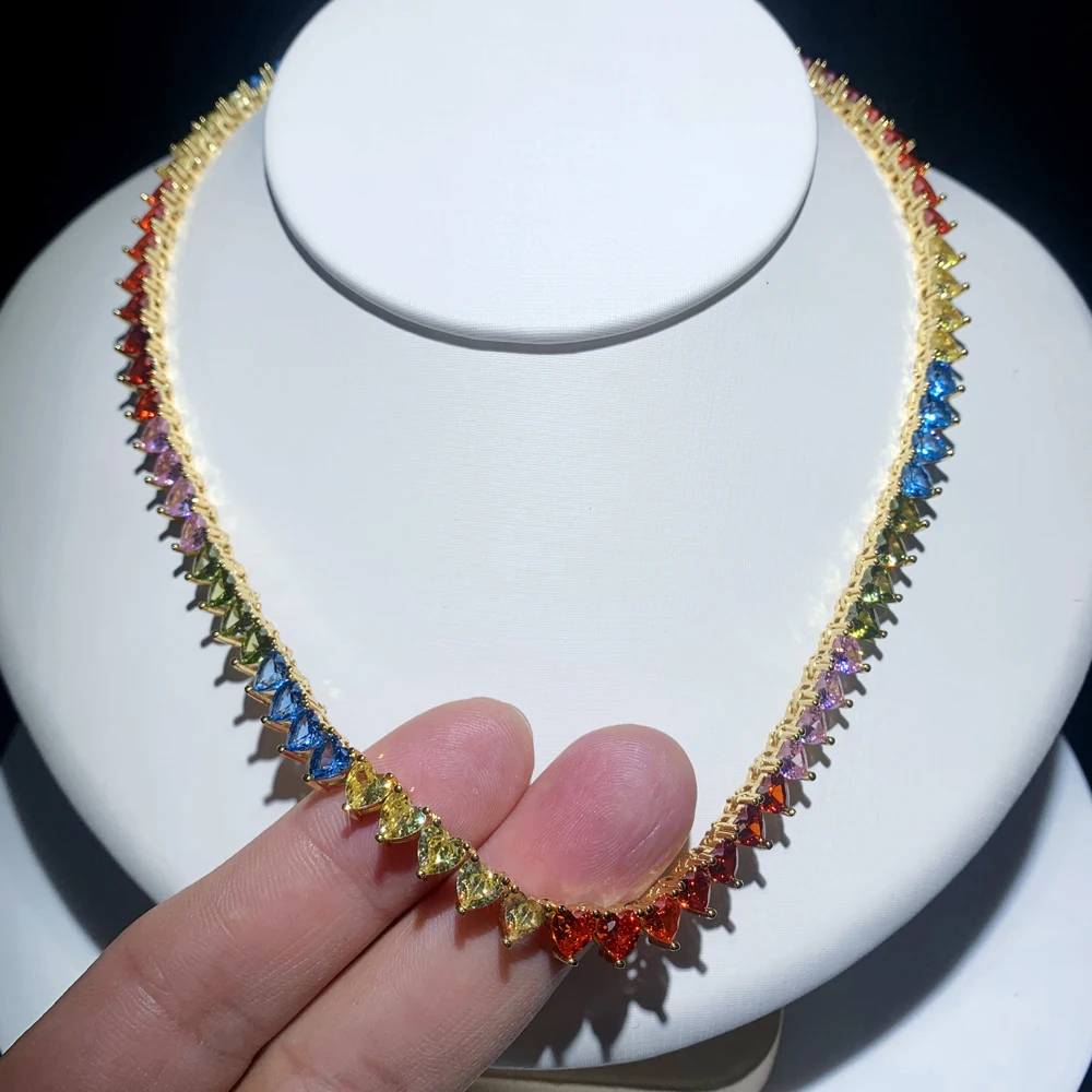2026 New Arrived Christmas Gift Jewelry Gold Plated Rainbow Heart Shaped Cubic Zirconia CZ Tennis Chain Choker Necklace
