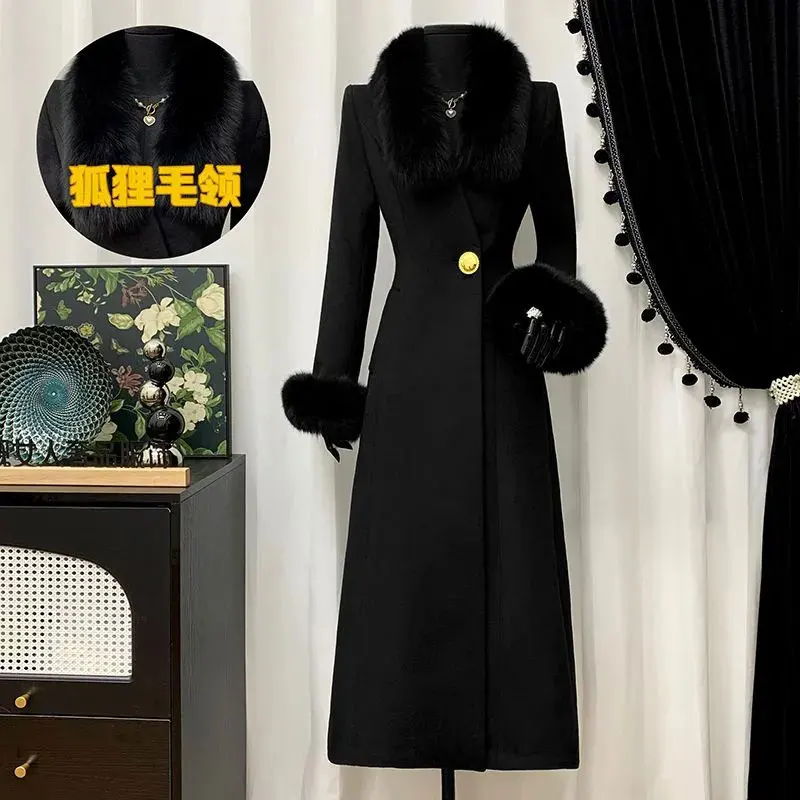

Высококачественное зимнее женское шерстяное пальто с воротником из натурального лисьего меха, новинка 2025 года, утепленное теплое черное утягивающее элегантное пальто