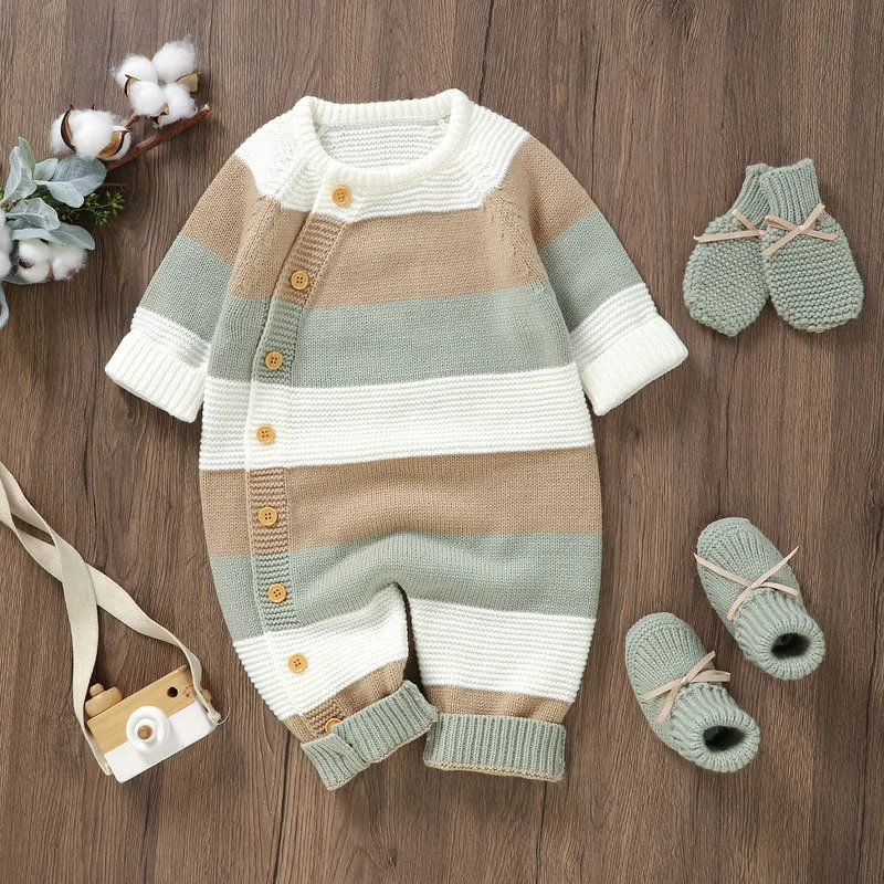 

0 to 18 Months Baby Girl Boy Sweater Romper Autumn Winter Clothes Striped Crew Neck Long Sleeve Full Length Jumpsuit