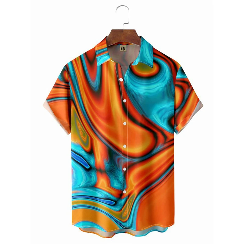 Men's Psychedelic Swirl Rainbow All Over Print Short Sleeve Lapel Shirt Abstract Art Design Loose Summer Beach Casual Tops Mens