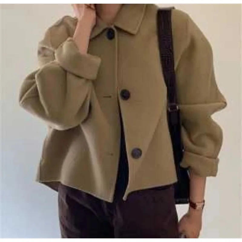 Cardigan corto in lana con maniche a sbuffo allentate casual con risvolto retrò coreano chic autunno inverno per donna