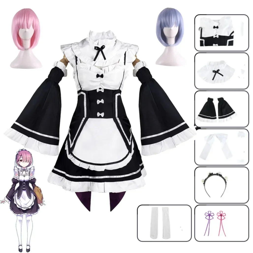 

Ram Rem Cosplay Re:zero Kara Hajimeru Isekai Seikatsu Black Costume Girls Maid Outfit Women Apron Dress Halloween Costumes