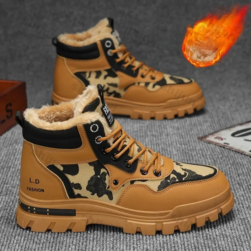 Botas de invierno para hombre, cálidas, de felpa, nuevas, altas, cómodas, con cordones, antideslizantes para exteriores, moda de talla grande 46, botas cortas con estampado de leopardo
