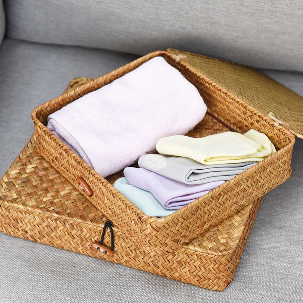 

2 Pcs Woven Seagrass Storage Baskets Small Wicker Boxes with Lid for Snacks Toys Books Home Organization Bins Safe Material Long