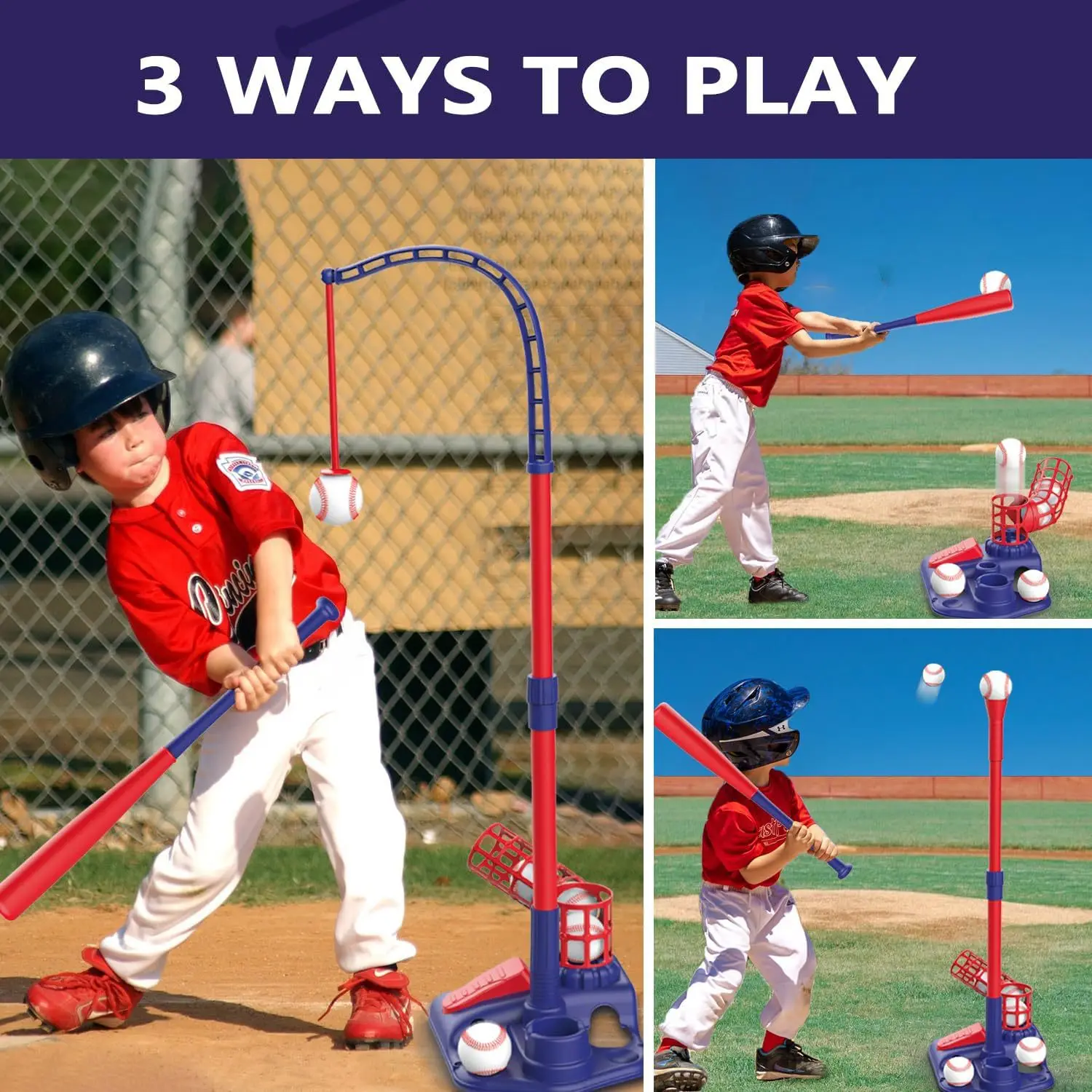 

3 in 1 T Ball Set for Kids Baseball with Hanging Tee/Standing Tee/Automatic Launcher/6 Softballs Indoor Outdoor Sport Gifts Toys