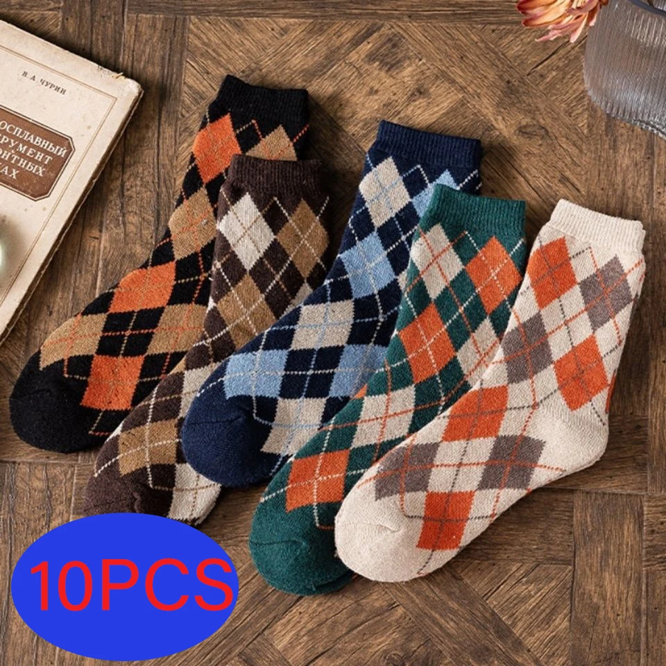 

10 Pairs/Lot Men's Cotton Happy Colorful Striped Socks Plaid Diamond Pattern Argyle Geometric Harajuku Combed Medium Tube Sock